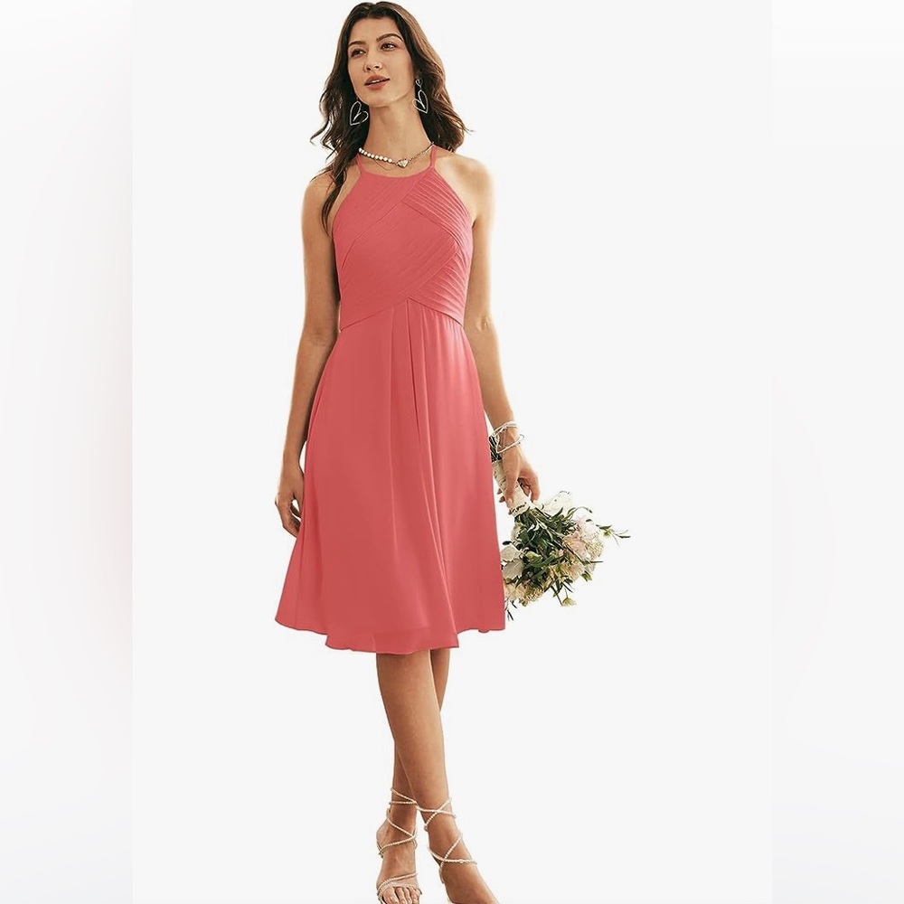 Coral pink, halter top, chiffon, tea length dress from Aw.Bridal.